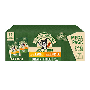 James Wellbeloved Grain Free Wet Adult Dog Food Turkey & Lamb in Gravy Pouches 48 x 100g